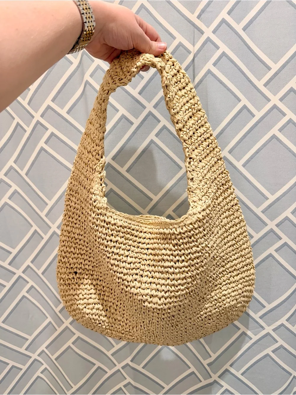 Woven Raffia Hobo Shoulder Bag - Half Moon Design Lightweight Zipper Closure